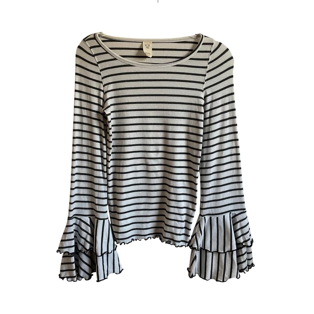 We‎ The Free Striped Fitted Ruffle Bell Sleeve Ribbed Top - Size Small